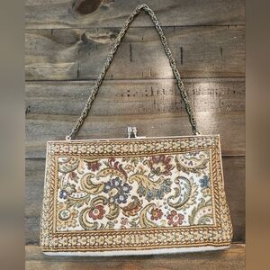 Vintage Embroidered Tapestry Crossbody Bag in Cream and Gold